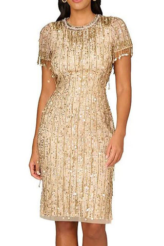 Aidan Mattox Light Gold Beaded Sequin Crew Neck Short Sleeve Dress - Glamourous Grace