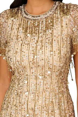 Aidan Mattox Light Gold Beaded Sequin Crew Neck Short Sleeve Dress - Glamourous Grace