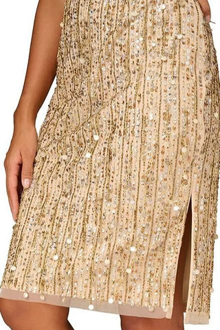 Aidan Mattox Light Gold Beaded Sequin Crew Neck Short Sleeve Dress - Glamourous Grace