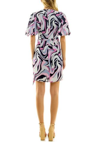 Nicole Miller V - Neck Pleat Puff Sleeve Zipper Back Multi Print Chiffon Dress - Glamourous Grace