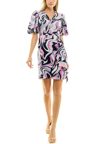 Nicole Miller V - Neck Pleat Puff Sleeve Zipper Back Multi Print Chiffon Dress - Glamourous Grace