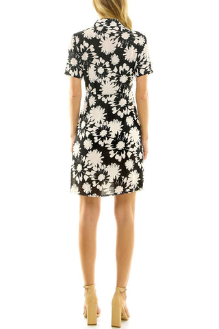 Nicole Miller Collared Short Sleeve Gathered Front Floral Print Crepe Chiffon Dress - Glamourous Grace