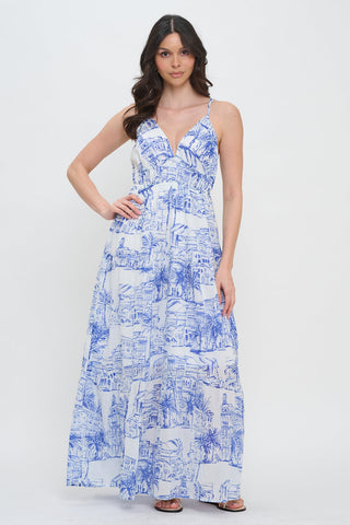Santorini Coastal Sketch Maxi Dress