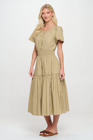 Taupe Poplin Croche Trim Maxi Dress