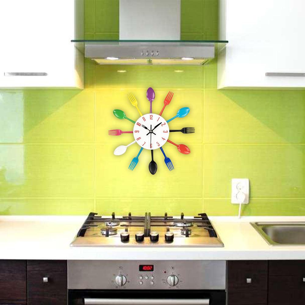 Metal Kitchen Wall Clock Creative  Kitchen Wall Clock 3D Modern Creative Kitchen Cutlery Spoon Fork Time Like Wall Clock Wall Sticker Room Home Decoration Quartz Wall Art Cutlery Mounted Clocks Modern Design Home Decorative Stevvex