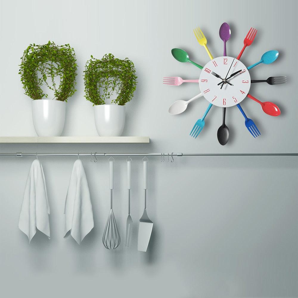 Metal Kitchen Wall Clock Creative  Kitchen Wall Clock 3D Modern Creative Kitchen Cutlery Spoon Fork Time Like Wall Clock Wall Sticker Room Home Decoration Quartz Wall Art Cutlery Mounted Clocks Modern Design Home Decorative Stevvex