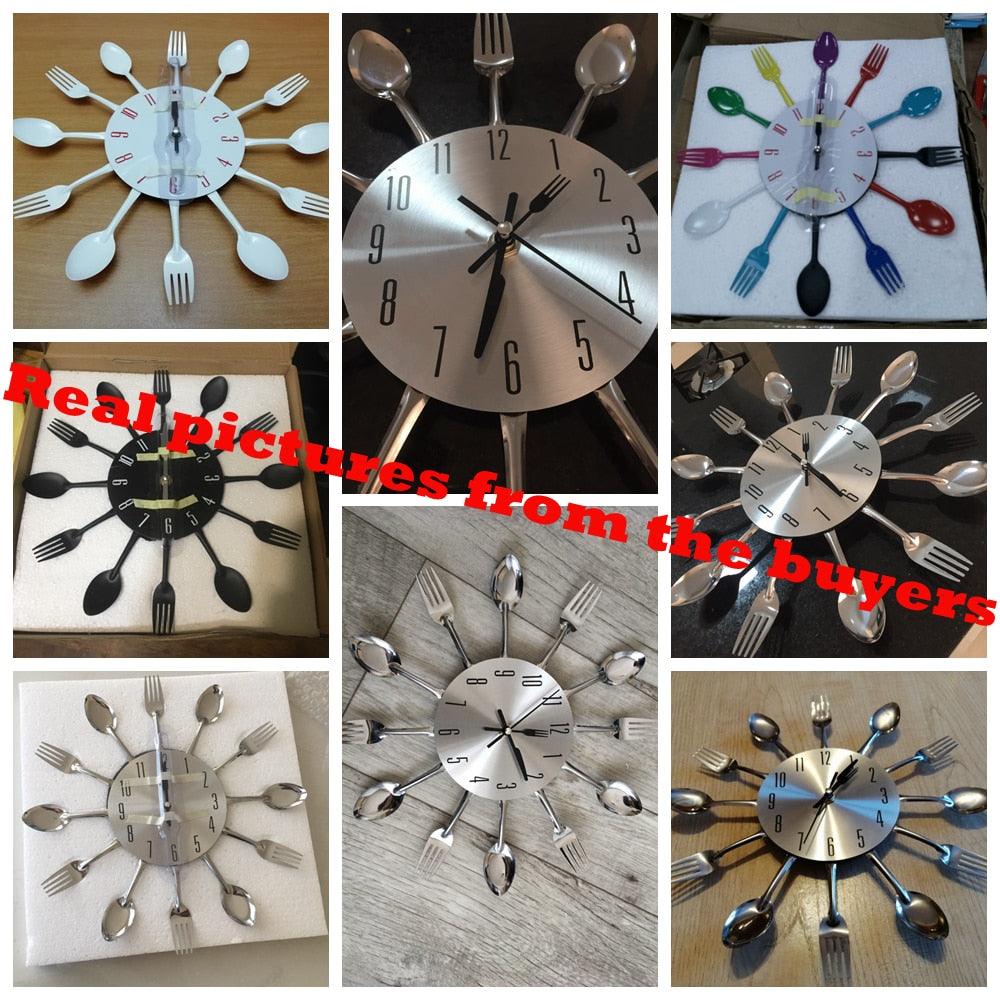 Metal Kitchen Wall Clock Creative  Kitchen Wall Clock 3D Modern Creative Kitchen Cutlery Spoon Fork Time Like Wall Clock Wall Sticker Room Home Decoration Quartz Wall Art Cutlery Mounted Clocks Modern Design Home Decorative Stevvex