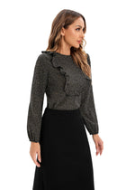 Micro Print Blouse with Long Sleeves and Bib Front