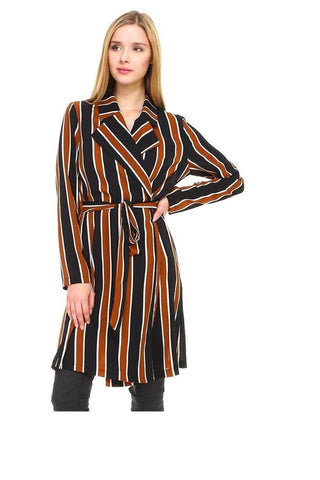 Trench Coat Multi Stripe Long Line Belted Jacket - By Baano