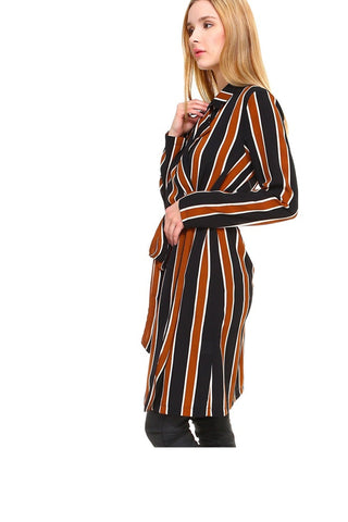 Trench Coat Multi Stripe Long Line Belted Jacket - By Baano