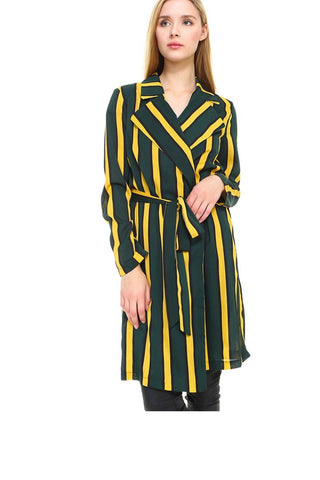 Trench Coat Multi Stripe Long Line Belted Jacket - By Baano