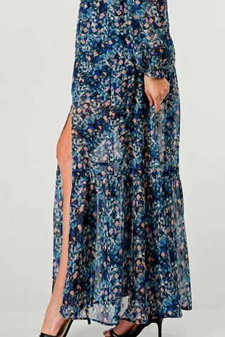 V Neck Long Sleeve Slit Front Tiered Maxi Dress