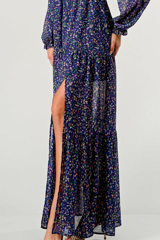 V Neck Long Sleeve Slit Front Tiered Maxi Dress