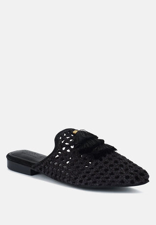 Miriam Woven Metallic Tassel Flat Mules