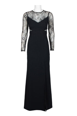 Aidan by Aidan Mattox Crew Neck Illusion Lace Bodice Long Sleeve Zipper Keyhole Back Pleated Crepe Twill Gown - By Baano