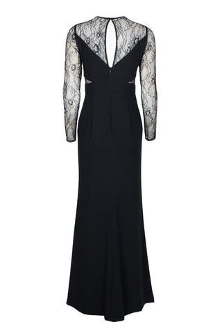 Aidan by Aidan Mattox Crew Neck Illusion Lace Bodice Long Sleeve Zipper Keyhole Back Pleated Crepe Twill Gown - By Baano