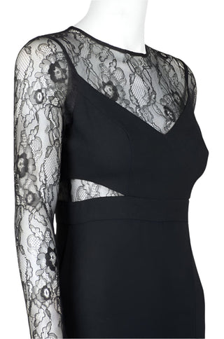 Aidan by Aidan Mattox Crew Neck Illusion Lace Bodice Long Sleeve Zipper Keyhole Back Pleated Crepe Twill Gown - By Baano