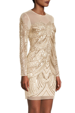 Aidan Mattox Illusion Crew Neck Long Sleeve Bodycon Zipper Back Embellished Mesh Dress - By Baano