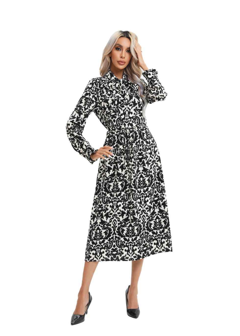 Modest Monochrome Midi Dress with Detached Belt