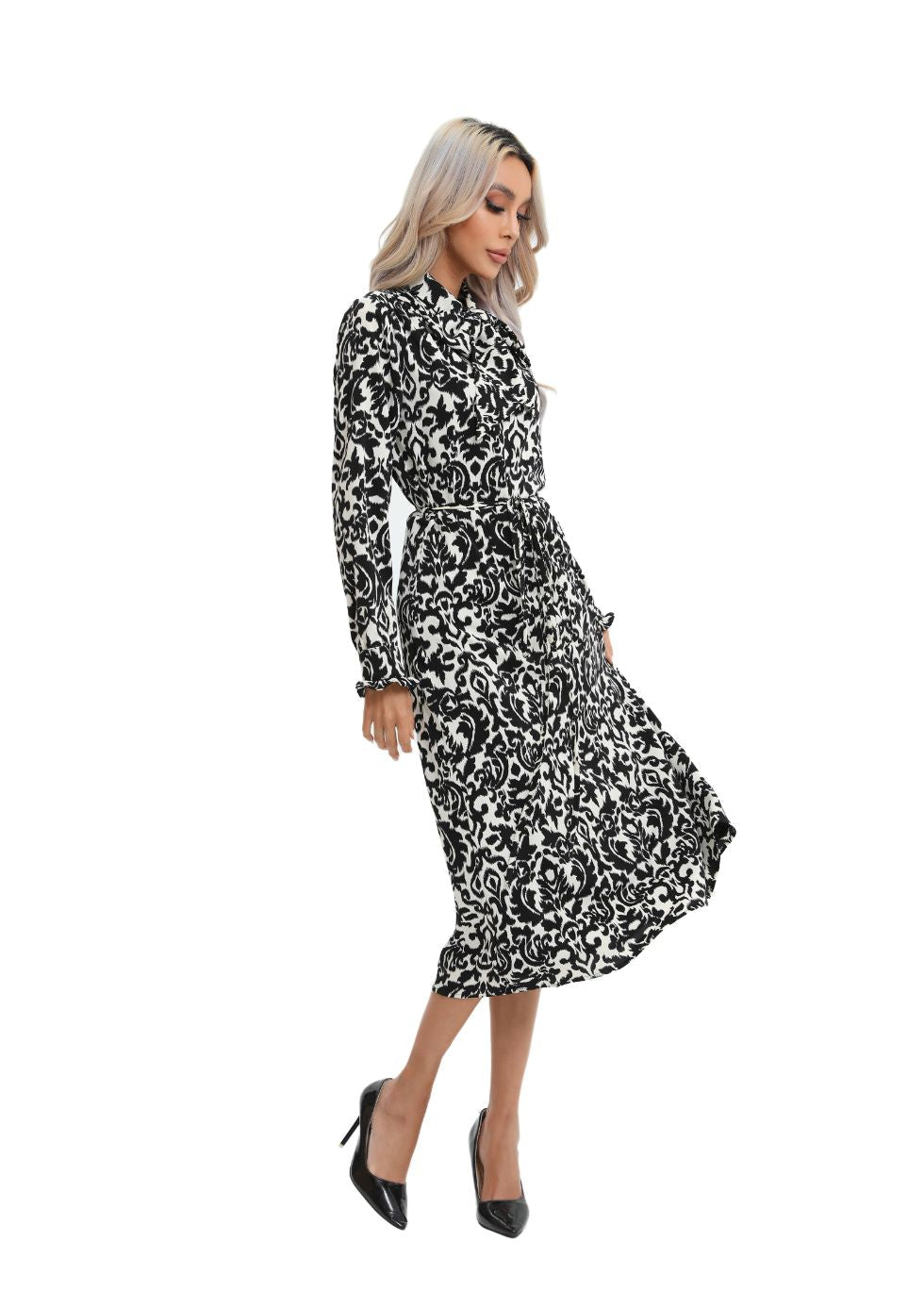 Modest Monochrome Midi Dress with Detached Belt