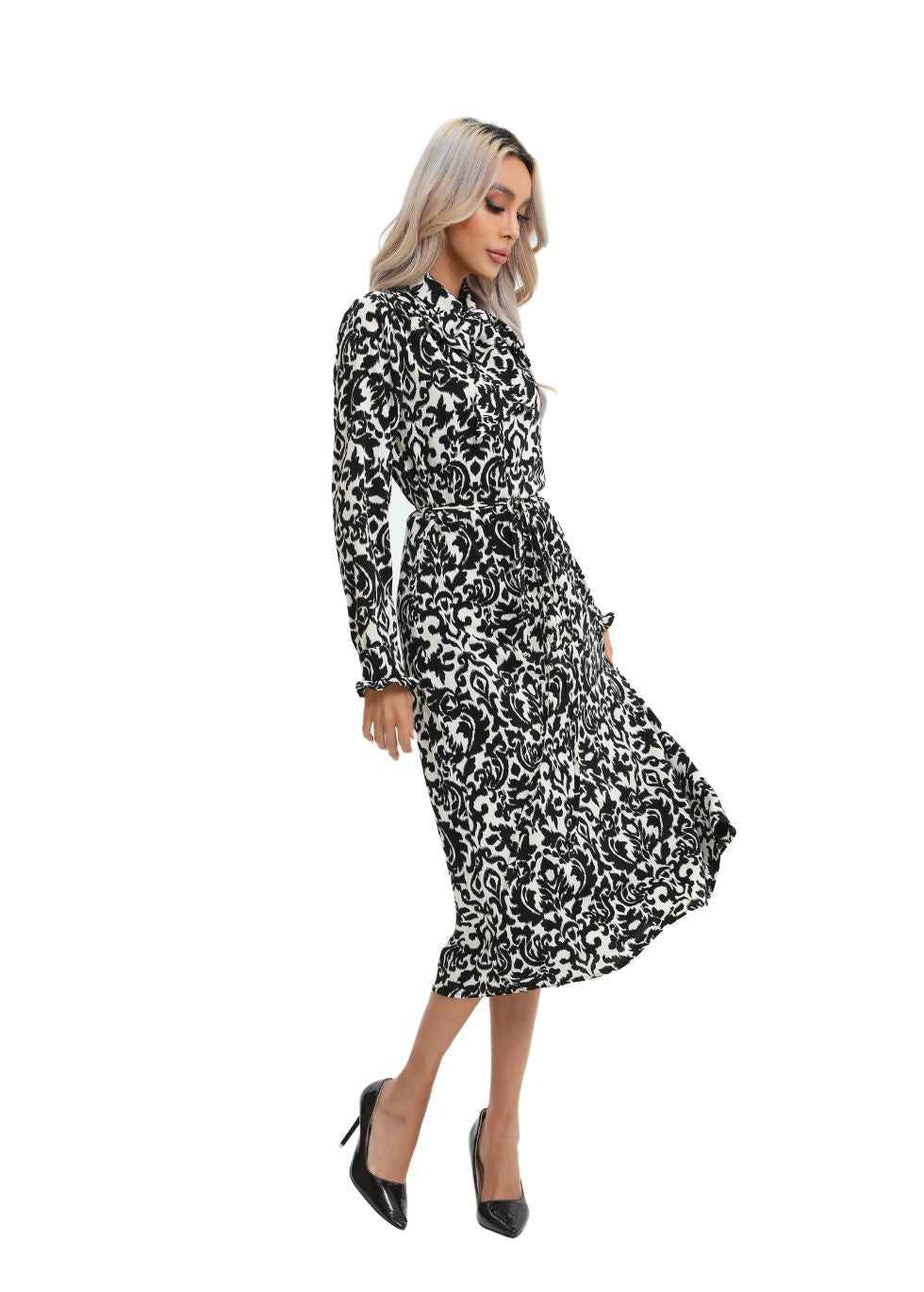 Modest Monochrome Midi Dress with Detached Belt