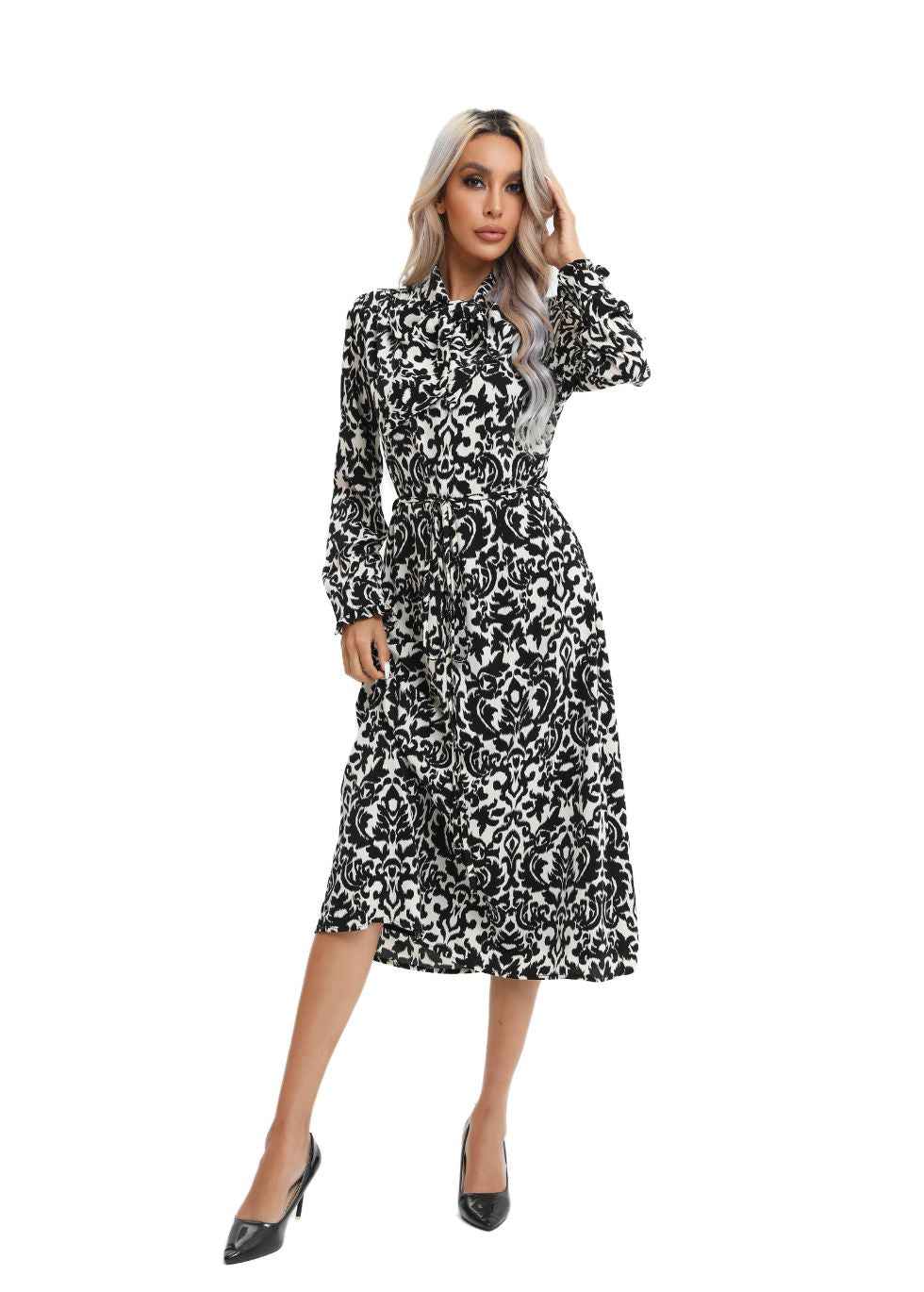 Modest Monochrome Midi Dress with Detached Belt