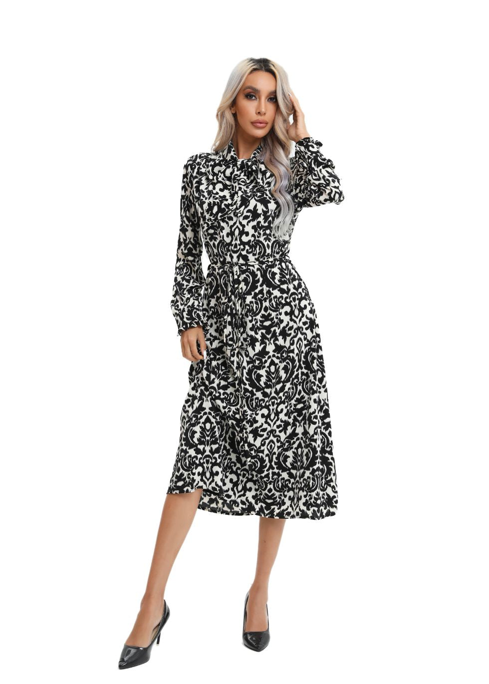 Modest Monochrome Midi Dress with Detached Belt