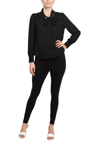 Zac & Rachel Tie Neck Long Sleeve Solid Crepe Chiffon Top - By Baano