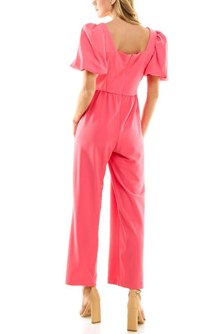 Nicole Miller Square Neck Puff Short Sleeve Ruched Zipper Back Solid Scuba Crepe Jumpsuit - Glamourous Grace