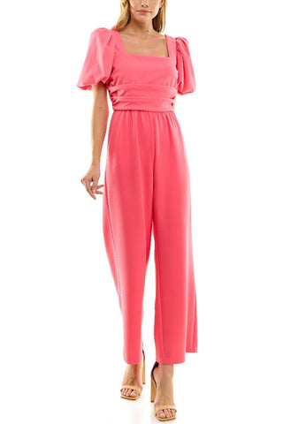 Nicole Miller Square Neck Puff Short Sleeve Ruched Zipper Back Solid Scuba Crepe Jumpsuit - Glamourous Grace