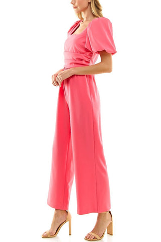 Nicole Miller Square Neck Puff Short Sleeve Ruched Zipper Back Solid Scuba Crepe Jumpsuit - Glamourous Grace