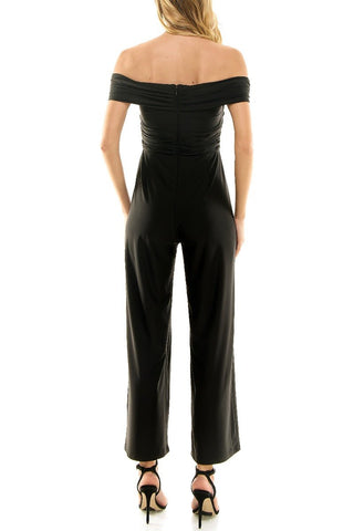 Nicole Miller Off Shoulder Ruched Front Zipper Back Solid Scuba Jumpsuit - Glamourous Grace