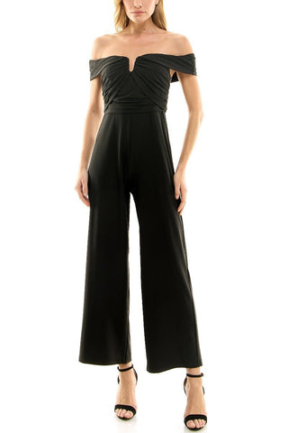 Nicole Miller Off Shoulder Ruched Front Zipper Back Solid Scuba Jumpsuit - Glamourous Grace