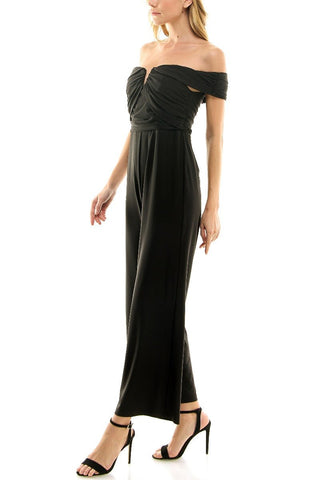 Nicole Miller Off Shoulder Ruched Front Zipper Back Solid Scuba Jumpsuit - Glamourous Grace