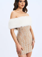 Averie White Fur Off-Shoulder Beige Sequin Mini Dress Miss Circle