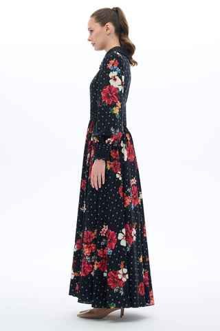Elegant Floral Maxi Dress with Shirt Collar - By Baano