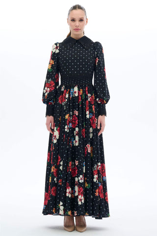 Elegant Floral Maxi Dress with Shirt Collar - By Baano