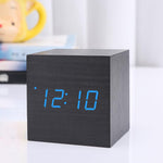 New Arrival Wooden LED Alarm Clocks Temperature Electronic Clock Digital Alarm Clock with Wooden Electronic LED Time Display 3 Dual Plus Alarm Cubic Small Mini Wood Made Electric Sounds Control Digital LED Display Desktop Calendar Table clock Stevvex