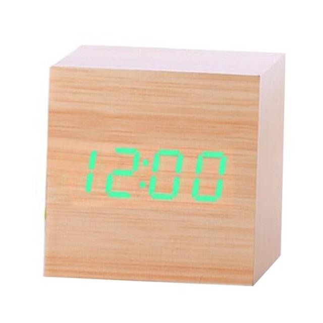 New Arrival Wooden LED Alarm Clocks Temperature Electronic Clock Digital Alarm Clock with Wooden Electronic LED Time Display 3 Dual Plus Alarm Cubic Small Mini Wood Made Electric Sounds Control Digital LED Display Desktop Calendar Table clock Stevvex