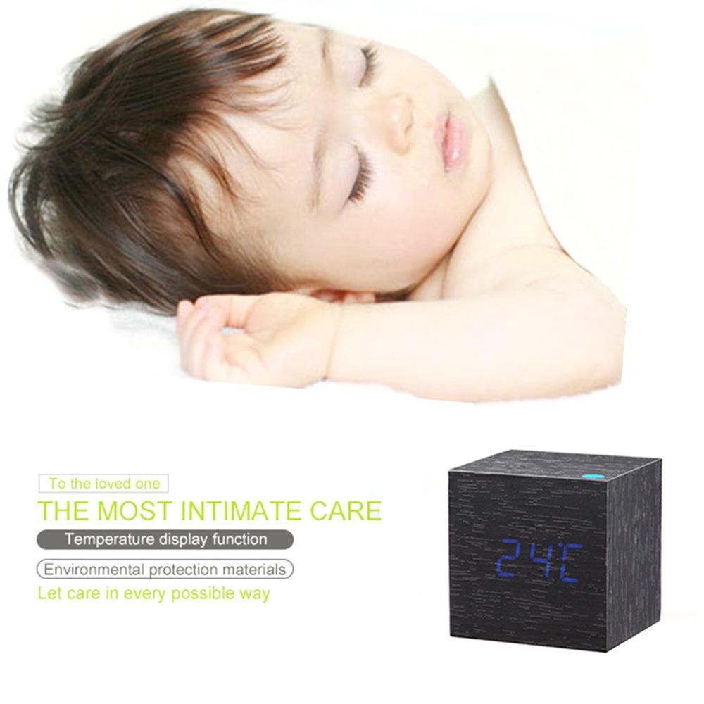 New Arrival Wooden LED Alarm Clocks Temperature Electronic Clock Digital Alarm Clock with Wooden Electronic LED Time Display 3 Dual Plus Alarm Cubic Small Mini Wood Made Electric Sounds Control Digital LED Display Desktop Calendar Table clock Stevvex