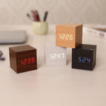 New Arrival Wooden LED Alarm Clocks Temperature Electronic Clock Digital Alarm Clock with Wooden Electronic LED Time Display 3 Dual Plus Alarm Cubic Small Mini Wood Made Electric Sounds Control Digital LED Display Desktop Calendar Table clock Stevvex