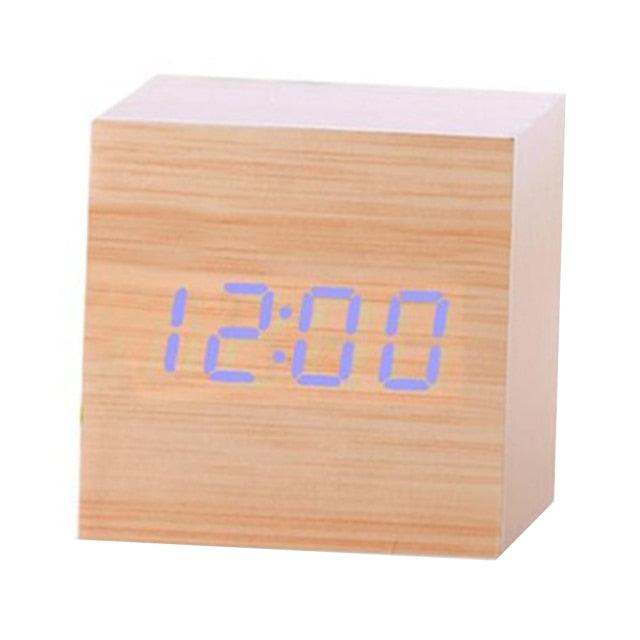 New Arrival Wooden LED Alarm Clocks Temperature Electronic Clock Digital Alarm Clock with Wooden Electronic LED Time Display 3 Dual Plus Alarm Cubic Small Mini Wood Made Electric Sounds Control Digital LED Display Desktop Calendar Table clock Stevvex