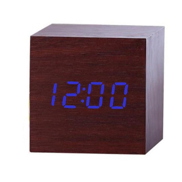 New Arrival Wooden LED Alarm Clocks Temperature Electronic Clock Digital Alarm Clock with Wooden Electronic LED Time Display 3 Dual Plus Alarm Cubic Small Mini Wood Made Electric Sounds Control Digital LED Display Desktop Calendar Table clock Stevvex