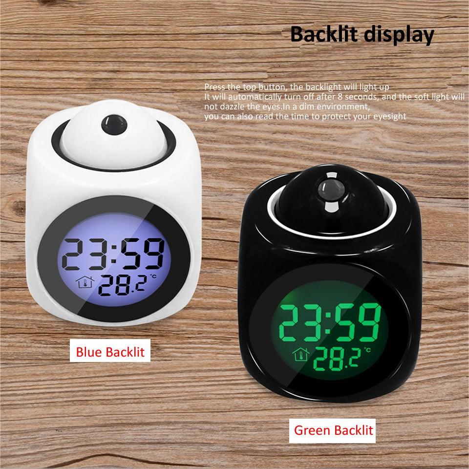 New Creative Attention Projection Digital Weather LCD Snooze Clock Projection Alarm Clock Wake Up Bedroom with Data and Temperature Display Talking Function LED Wall/Ceiling Projection Bell Alarm Display Backlight LED Projector Home Clock Timer Stevvex