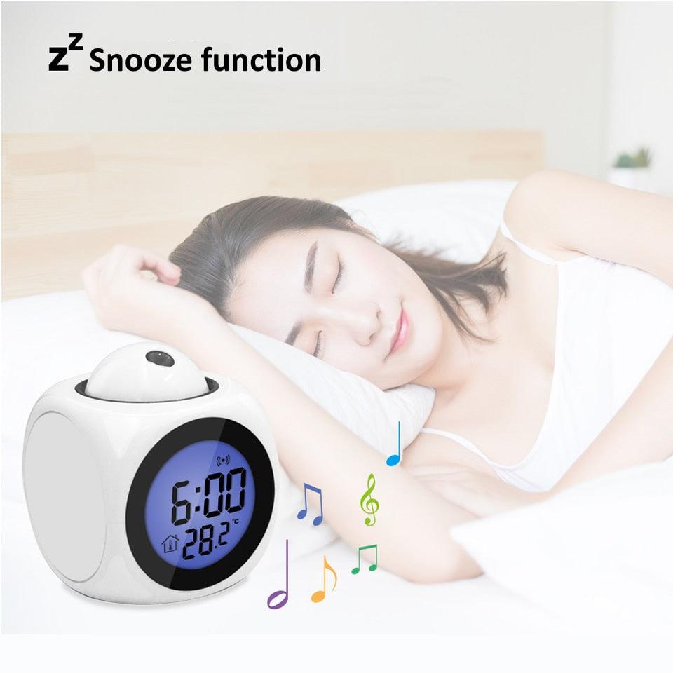 New Creative Attention Projection Digital Weather LCD Snooze Clock Projection Alarm Clock Wake Up Bedroom with Data and Temperature Display Talking Function LED Wall/Ceiling Projection Bell Alarm Display Backlight LED Projector Home Clock Timer Stevvex