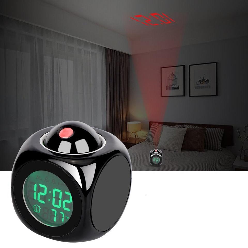 New Creative Attention Projection Digital Weather LCD Snooze Clock Projection Alarm Clock Wake Up Bedroom with Data and Temperature Display Talking Function LED Wall/Ceiling Projection Bell Alarm Display Backlight LED Projector Home Clock Timer Stevvex