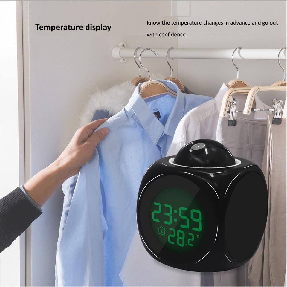 New Creative Attention Projection Digital Weather LCD Snooze Clock Projection Alarm Clock Wake Up Bedroom with Data and Temperature Display Talking Function LED Wall/Ceiling Projection Bell Alarm Display Backlight LED Projector Home Clock Timer Stevvex