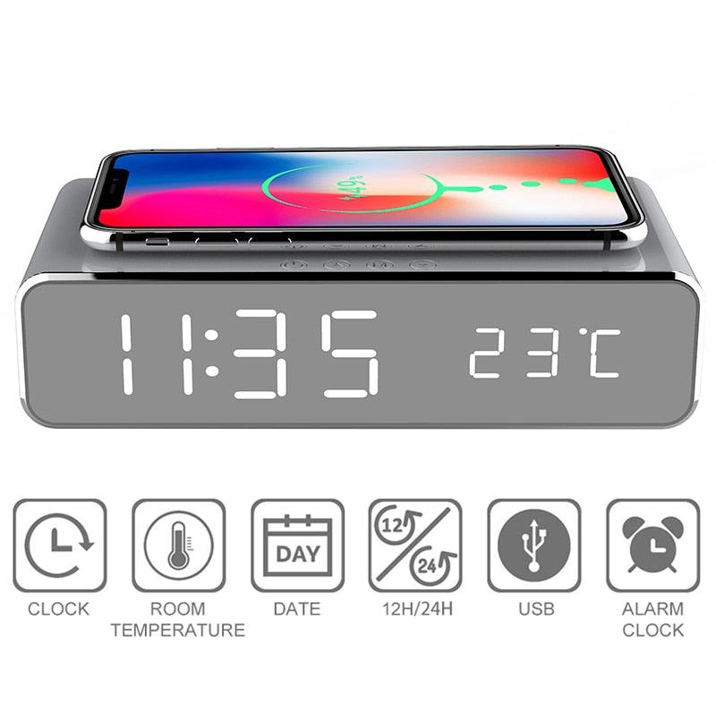 New Electric LED Alarm Clock With Mobile Phone Wireless Charger HD Clock Digital Alarm Clock with Wireless Charging 3 Alarms LED Display Sound Control and Snooze Dual for Bedroom Bedside Office Mirror With Time Memory Digital Thermometer Clock Stevvex