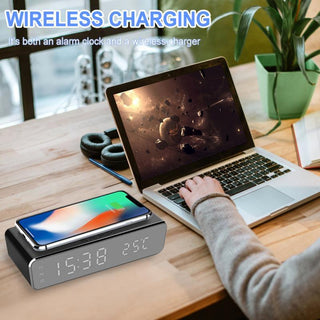 New Electric LED Alarm Clock With Mobile Phone Wireless Charger HD Clock Digital Alarm Clock with Wireless Charging 3 Alarms LED Display Sound Control and Snooze Dual for Bedroom Bedside Office Mirror With Time Memory Digital Thermometer Clock Stevvex