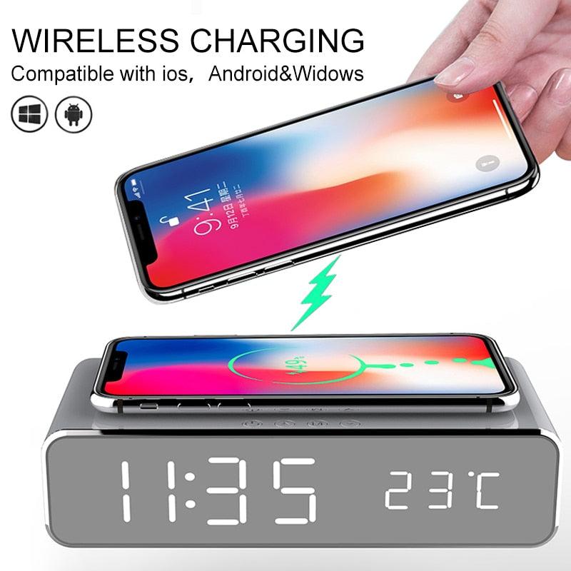 New Electric LED Alarm Clock With Mobile Phone Wireless Charger HD Clock Digital Alarm Clock with Wireless Charging 3 Alarms LED Display Sound Control and Snooze Dual for Bedroom Bedside Office Mirror With Time Memory Digital Thermometer Clock Stevvex